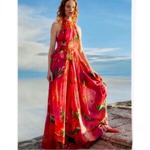 NEW FARM Rio Red Pietra Floral Sleeveless Maxi Dress Chiffon Rhinestones Size XL